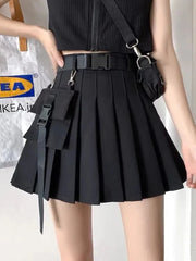 Bxoxo Harajuku Belt Pleated Cargo Skirt Women Fashion Gothic High Waist Pocket Mini Skirts Fashion Summer Lady A Line Black Skirt