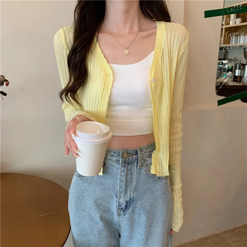 Bxoxo Sun Protection Light Weight Knitted Ice Silk Long Sve Cardigan Women's Slim Fit Summer New Sle Breathable Outerwear T-irt