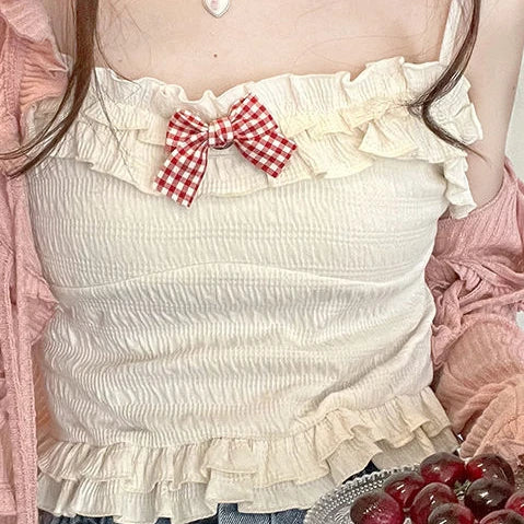 BXOXO Kawaii Candy Color Crop Top Women Japanese Lolita Sweet Tank  Boe Ruffle Short Tee Shirt All Match Cute s Summer