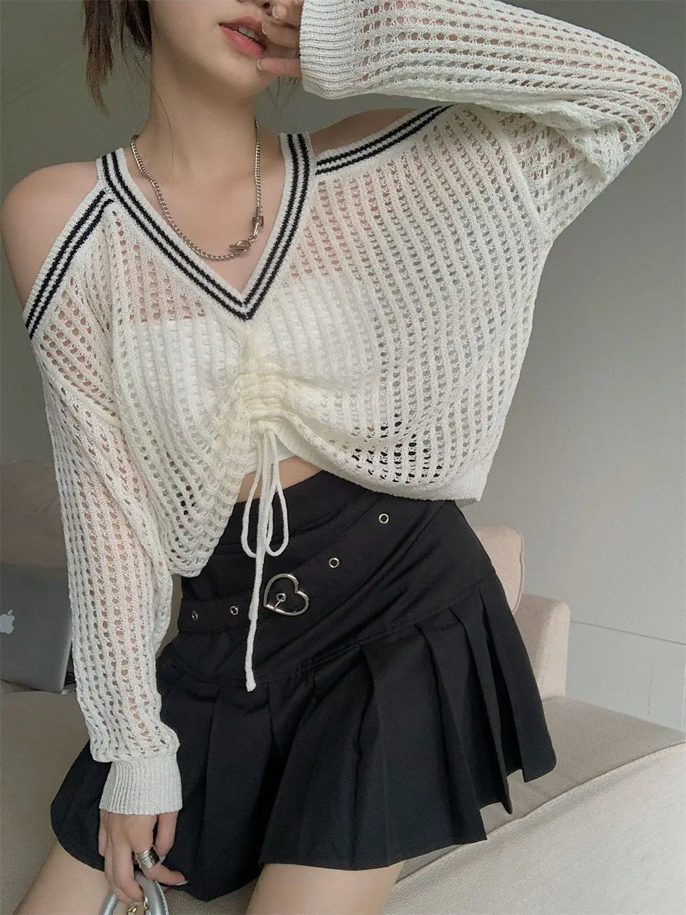 Bxoxo Off Shoulder Hollow Out Shirts Blouses Elegant and Youth Woman Blouse Drawstring Knitted V Neck Tops Vintage Y2k 2022 Fashion