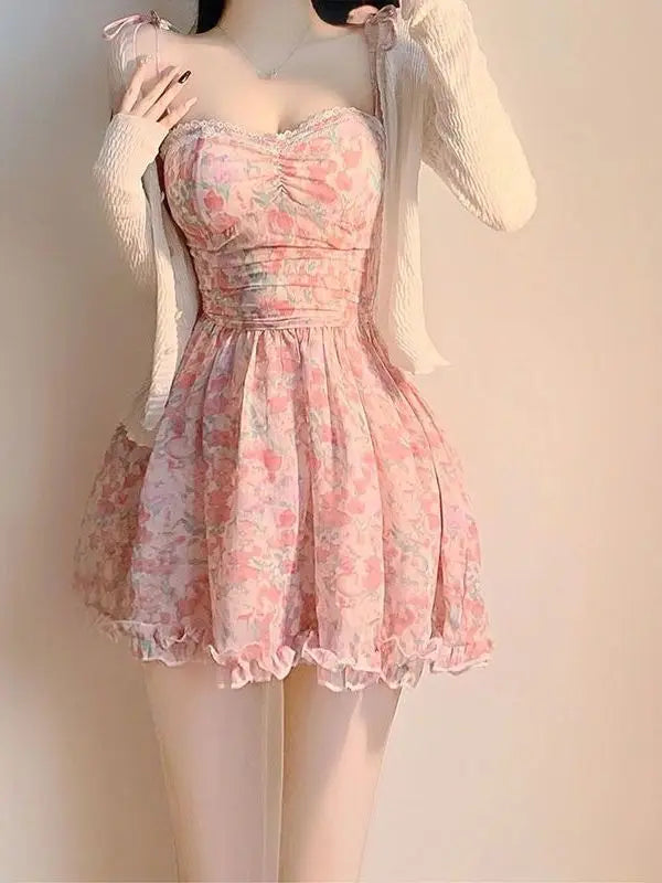 BXOXO Sweet New Pink Sexy Dress Sweet Fresh Style Fragmented Flowers Print Waist Wrapped Slim Student Summer Short Lovely