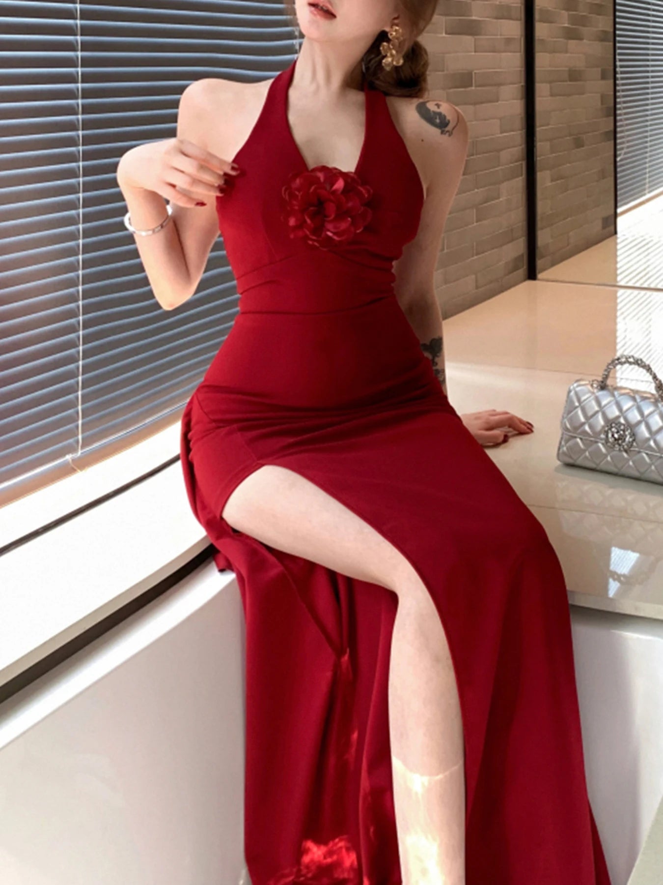 BXOXO Solid Sexy Skinny Halter High Side Split Women Elegant Dresses Design Fashion New Women Clothing