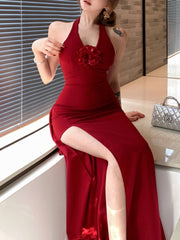 BXOXO Solid Sexy Skinny Halter High Side Split Women Elegant Dresses Design Fashion New Women Clothing