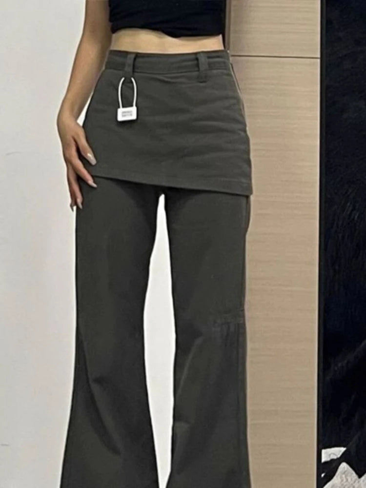 Bxoxo Harajuku Patchwork Women Flared Pants Vintage High Waist American Style Fake Two Piece Trousers Y2k Baggy Solid Gyaru