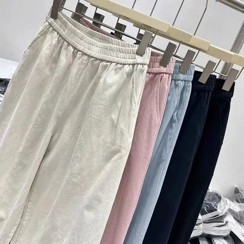 Bxoxo Korean Chic Ruffle Patchwork Ankle Length Pants Women Summer High Waist Loose Wide Leg Pants Elastic Waist Baggy Casual Trousers