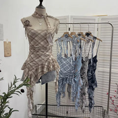 BXOXO Women's Vintage Tie-dye Printed Mesh Spaghetti Strap Camisole Hot Girl Irregular Ruffled Ribbon Sleeveless Top Partyclub 1185