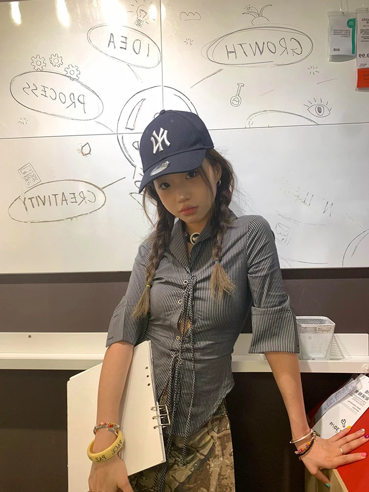BXOXO Korean Shirt Women Lace Up Striped Slim Shirt Y2k Vintage Tops Half Sleeve Streetwear Japanese 2000s Hollow Out Shirts