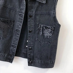 Bxoxo Fashion Design Sequins Denim Vest Summer Autumn Women's Waistcoat Korean Leeveless Denim Jeans Jacket Female Vest Tops