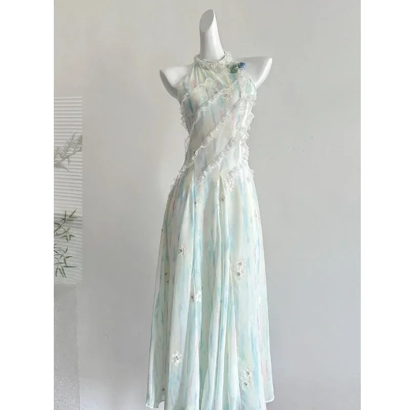 BXOXO New 2025 Jasmine Green 2.0 Summer Fairy Sweet Slimming Waist Long Dress Design Sense Skirt Polyester Fiber round Neckline Ankle-
