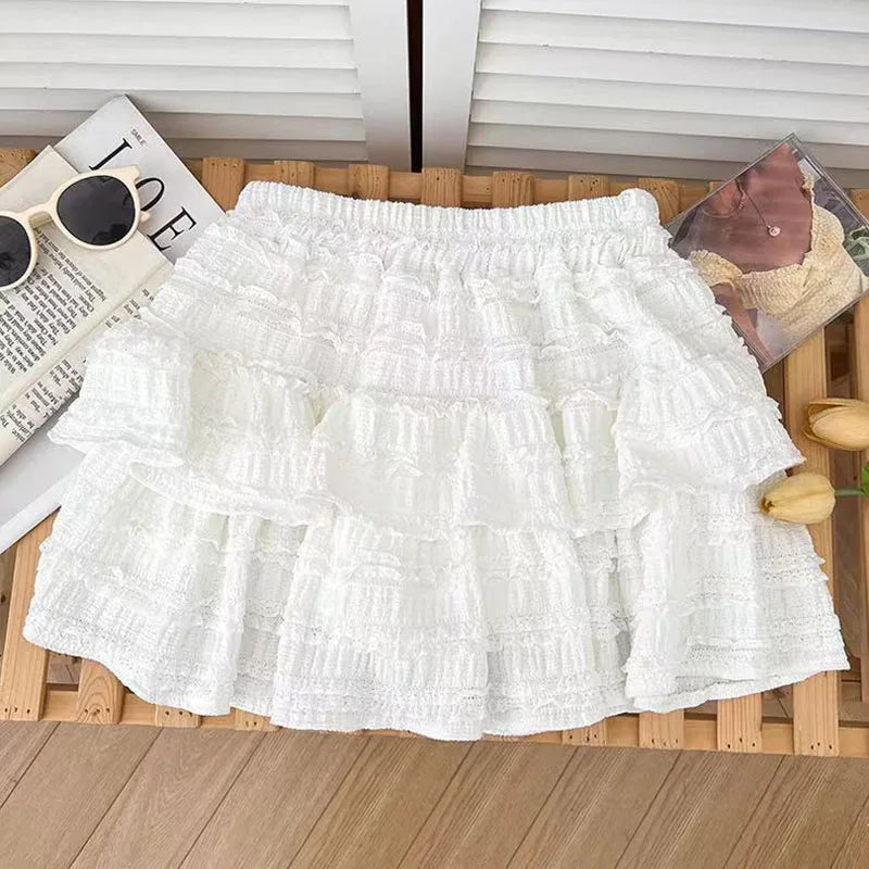 Bxoxo High Waist Ruffle Tutu Skirts Women Y2K Korean Sweet Preppy Tassel A Line Skirts Female New Lolita Cute Elastic Waist Cake Skirt