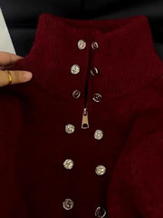 Bxoxo Gray Stand Collar Sweater for Women Korean Chic Double Breasted Zipper Knitted Cardigan Autumn Thick Warm All Match Soft Jumper