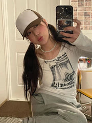 BXOXO Graffiti Letter Print T Shirt Women Slim Crop Tops Long Sleeve Y2k Aesthetic Grunge Tees Streetwear Harajuku Tshirts