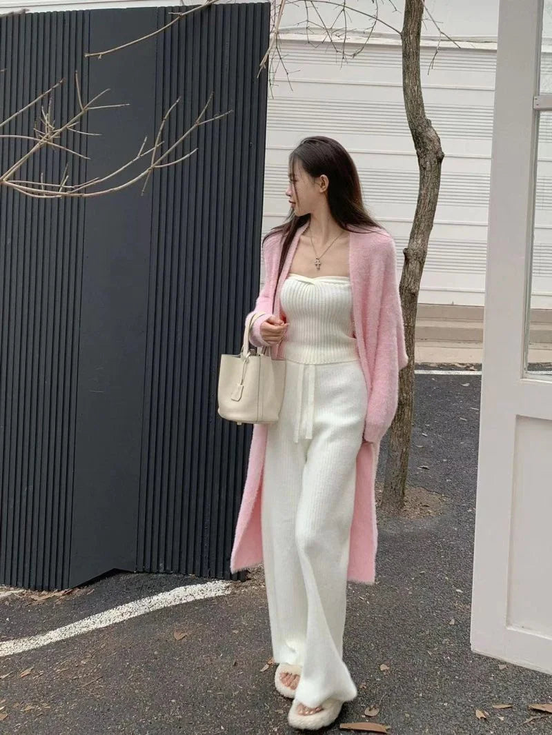 Bxoxo New Imitation Mink Coat Slimming Autumn And Winter Loose Fitting Long Sweater Thickened Lazy Knitted Cardigan Jacket White