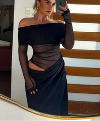 BXOXO  Mesh Ruched Women Maxi Dress Sexy See Through Off Shoulder Long Sleeve Sheath Vestidos Female Midnight Party Solid Robe