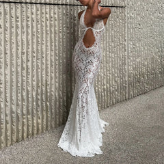 BXOXO Sexy Women's Lace Halter Dress Stylish Solid Mesh Lace Floral See Through Slim Fit Long Bodycon Fishtail Wedding Dress