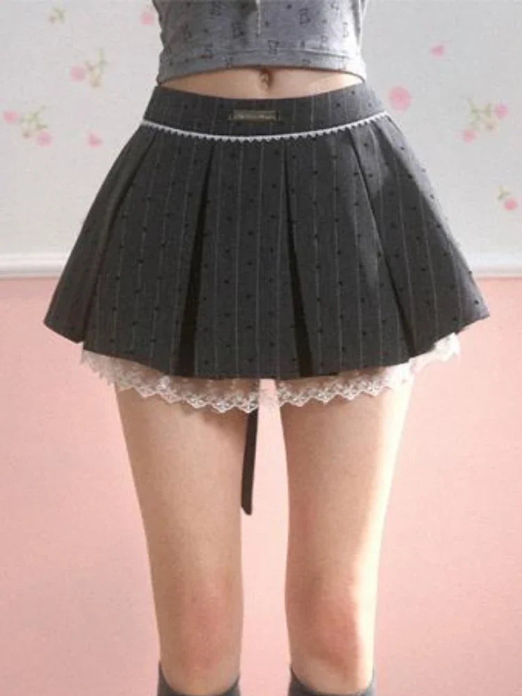 Bxoxo New Gray Pleated Y2k Mini Skirt Women Summer Lace Patchwork Bow Fashion Skirt Lolita Style Striped Dot Print Cutecore Skirt