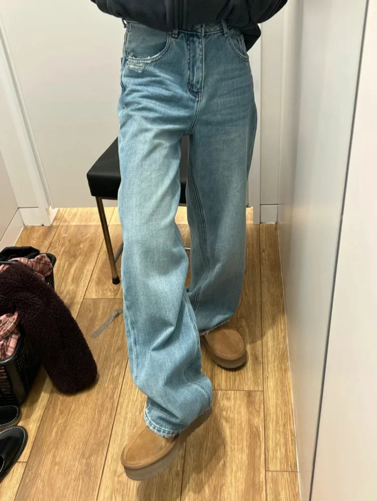 Bxoxo Streetwear Female Trousers Wide Leg Jeans for Women Blue High Waisted Jeans Women's Denim Pants Y2k Women's Clothing