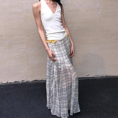 Bxoxo Gentle Checkered Fish Tail Skirt Semi-Transparent Soft Tulle Design Asymmetrical Half-length Polyester Fiber Grid Pattern