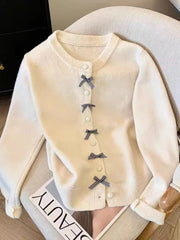 Bxoxo Cute Bow Women Cardigan Long Sleeve Lazy Wind Sweet Knitted Sweater Casual Loose Preppy Style Vintage Lady O Neck Fall Tops