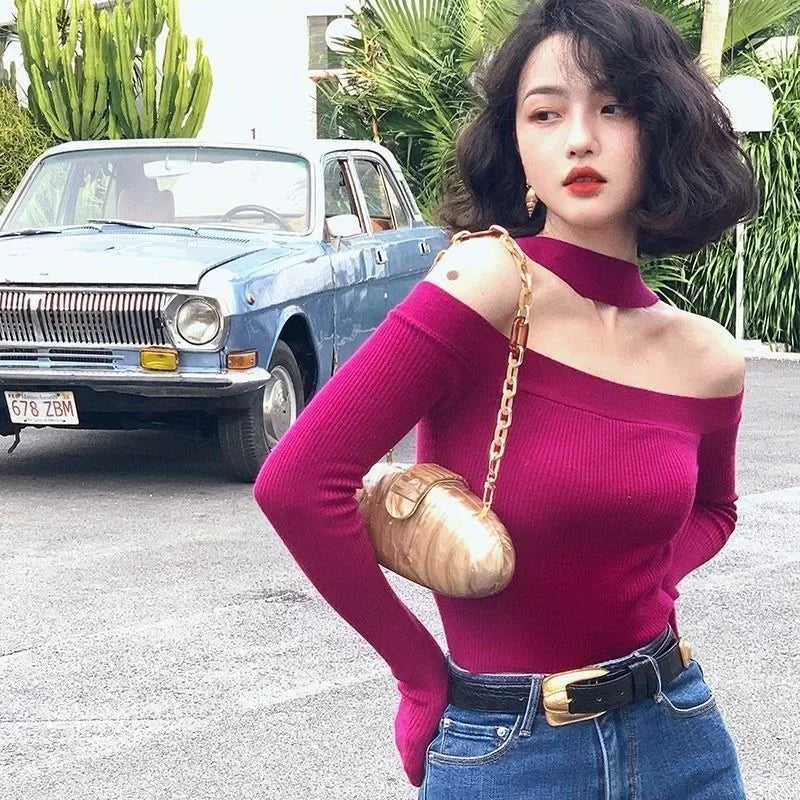 Bxoxo Sexy Halter Sweater Slash Neck Off  Shoulder Pullovers Spring Autumn Women Tops Knitted Korea Style Blue Rose White Black White