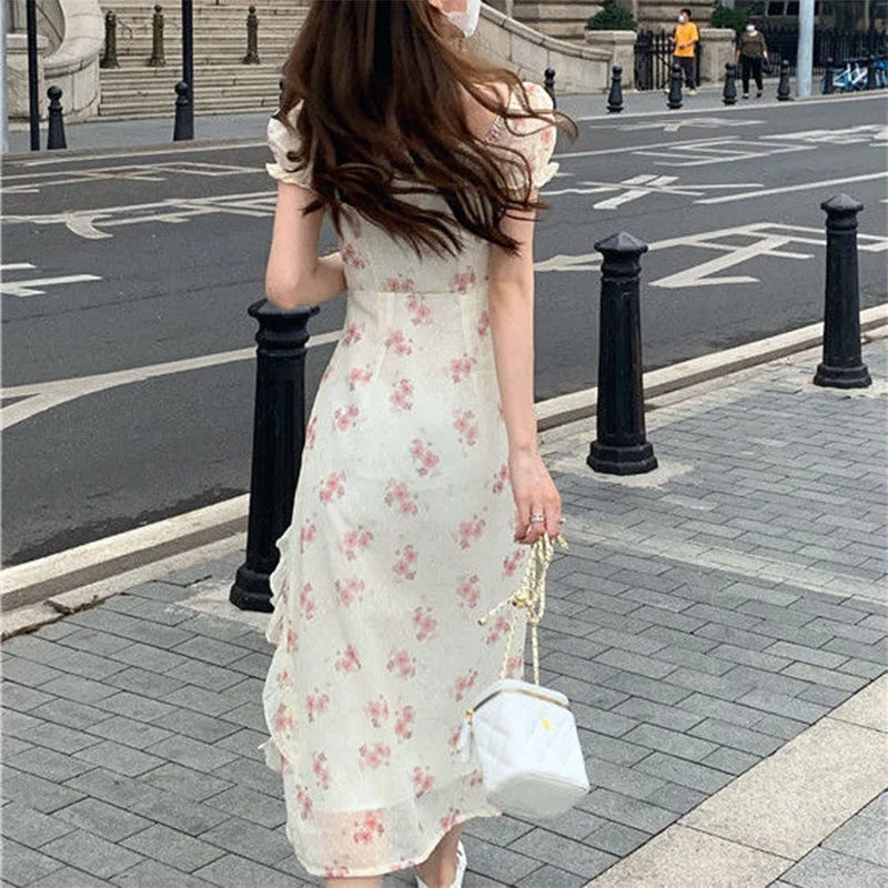 BXOXO Summer New Floral Printing Ruffles Irregular Slit Dress Lady Short Sleeve Sexy Fashion Slim Bow Robe One Word Collar Vestidos