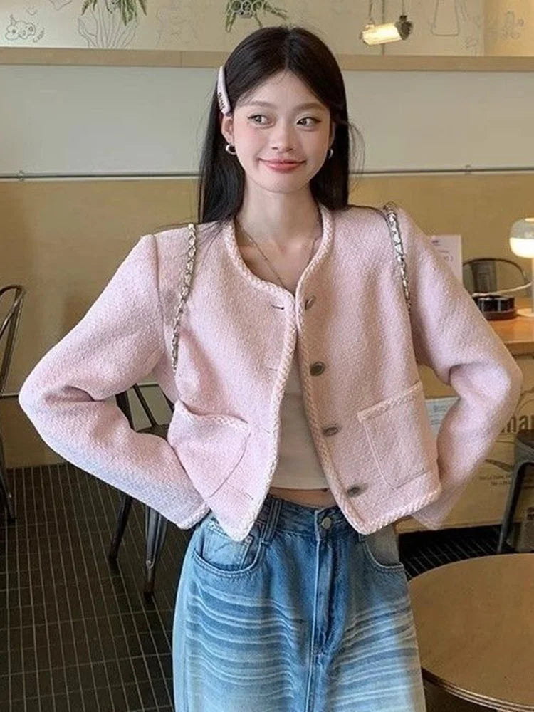 Bxoxo Pink Sweet Tweed Jackets Women Vintage O Neck Cute Elegant Long Sleeve Short Coats Retro Casual Single Breasted Pockets Outwear