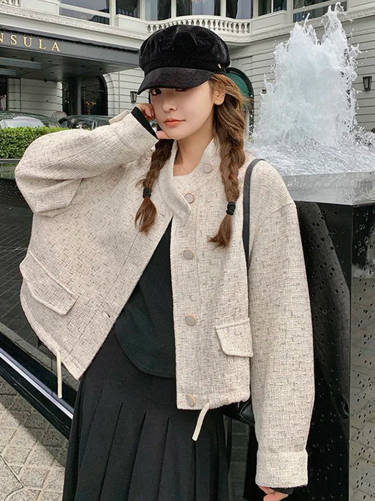 Bxoxo Sweet Women Loose Tweed Jackets Casual Vintage Elegant Long Sleeve Small Fragrance Coats Korean Retro All Match Fall Winter Tops