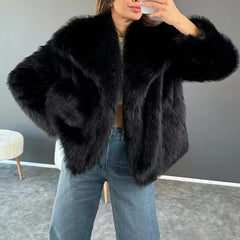 BXOXO Women Faux Fur Coat Warm Winter Long Sleeve Lapel Collar Coat Outwear Elegant Lady Fashion Jacket 90s Vintage Y2K Streetwear