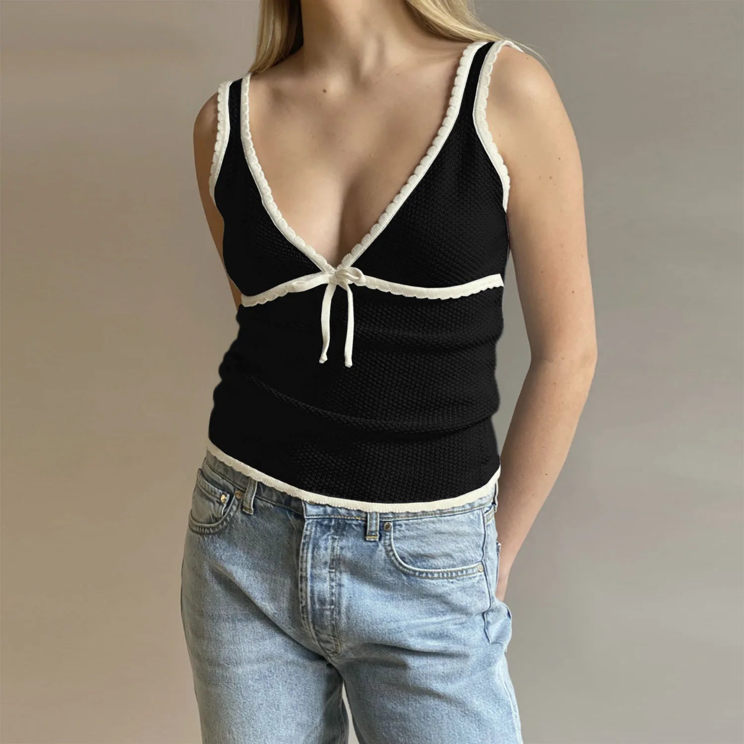 Bxoxo Knitted Deep V-neck Bow Women Crop Top Blue Patchwork Spaghetti Strap Tank Top Female Spring Slim Casual Streetwear 2024