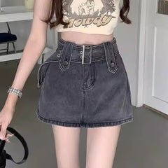 Bxoxo Mini Denim Skirt Women Vintage Sexy High Waist Belt A-line Slim Jeans Skirt Casual Y2K Skort Summer Korean Streetwear