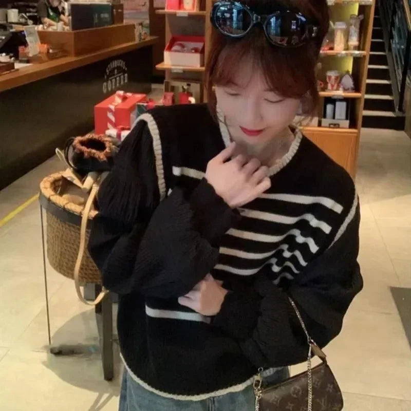 Bxoxo women Black and white striped fake two-piece knitted sweaters pring and autumn Korean soft glutinous pullover sweater female