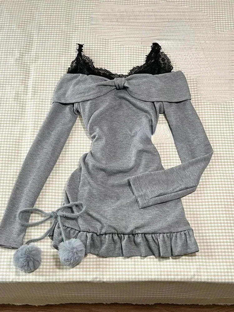 BXOXO Sweet Sexy Lace Patchwork Black Camisole Dress for Women+ Long Sleeve Slim Fit Y2k Crop Tops Autumn New Two Piece Sets Outfits