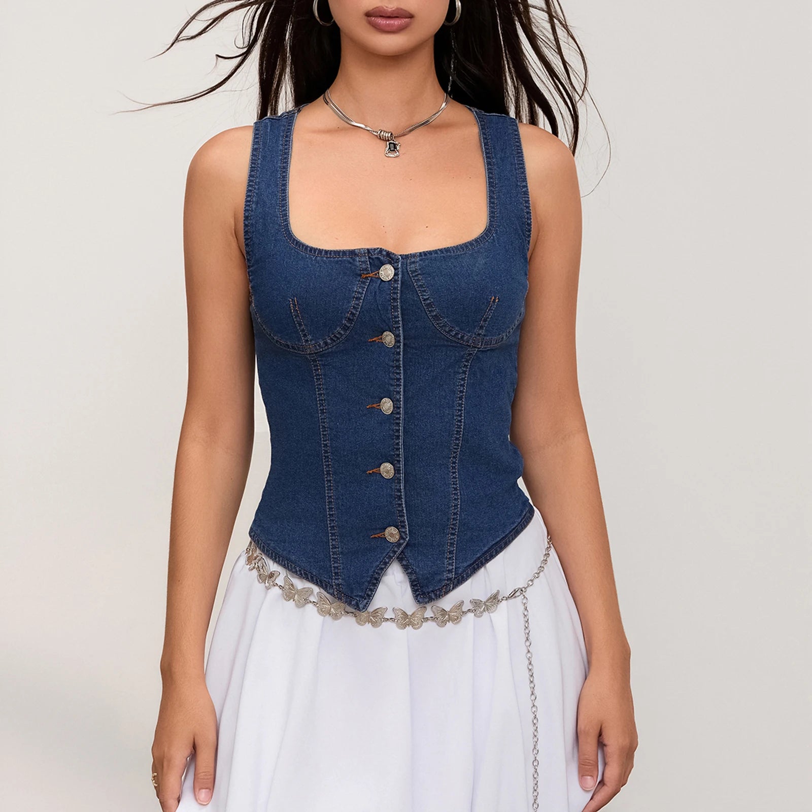 BXOXO Women Denim Push Up Bustier Tube Top Square Neck Sleeveless Button Down Corset Jeans Strapless Slim Fit Crop Top