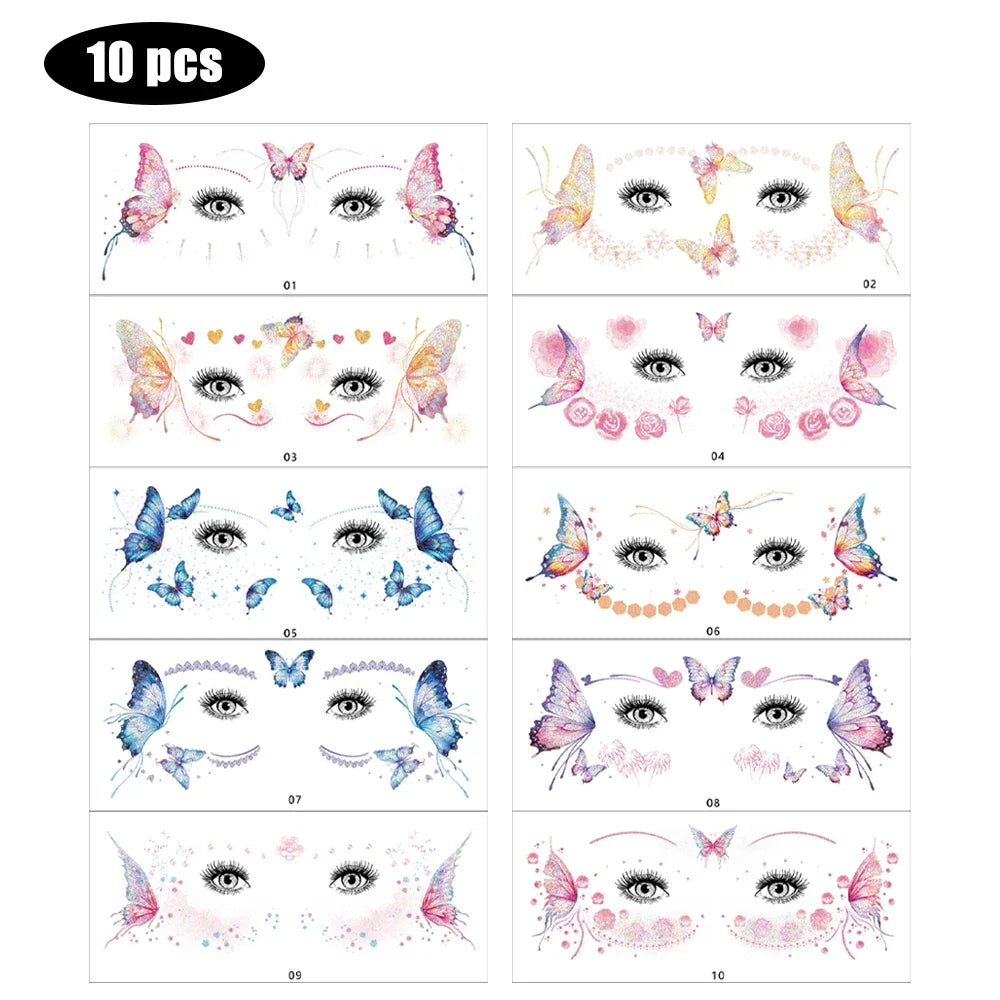 BXOXO 10pcs Shiny Butterfly Tattoo Sticker Eyes Face Body Makeup Waterproof Lasting Tattoos Stickers Music Festival Party DIY Decals