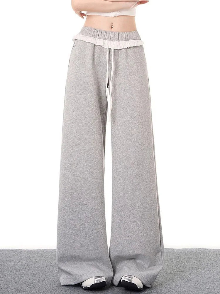 Bxoxo Elegant Vintage Gray Sweatpants Women High Waist Korean Sweet Wide Leg Pant Fall Retro Loose Ruffles Pockets Lady Trousers