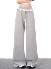 Bxoxo Elegant Vintage Gray Sweatpants Women High Waist Korean Sweet Wide Leg Pant Fall Retro Loose Ruffles Pockets Lady Trousers