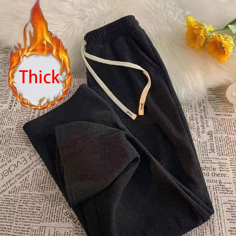 Bxoxo Autumn Corduroy Wide Leg Pants for Women High Waist Drawstring Loose Casual Pants Winter Thick Warm Straight Trousers Mujer