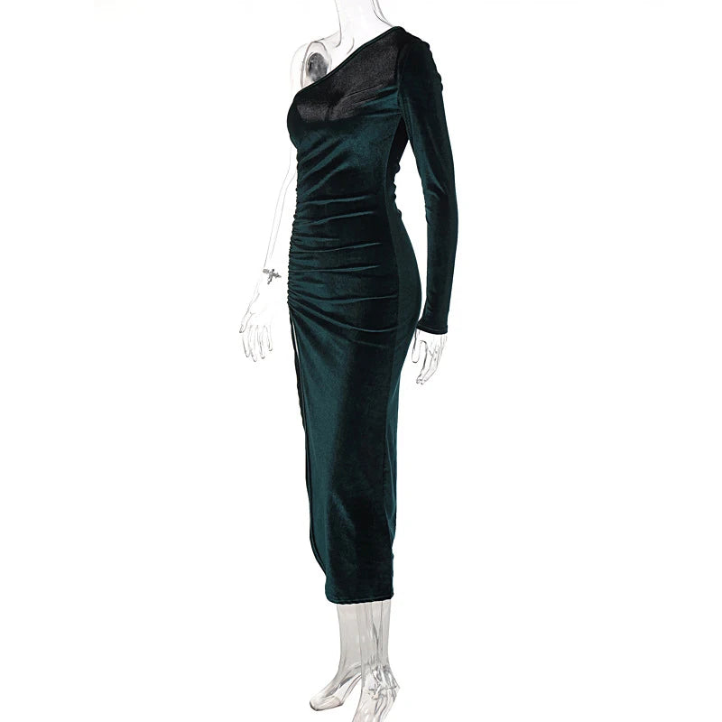 Bxoxo Women Elegant Long Sleeve Party Evening Velvet Bodycon Split Pencil Midi Dress 2024 Spring Autumn Clothes