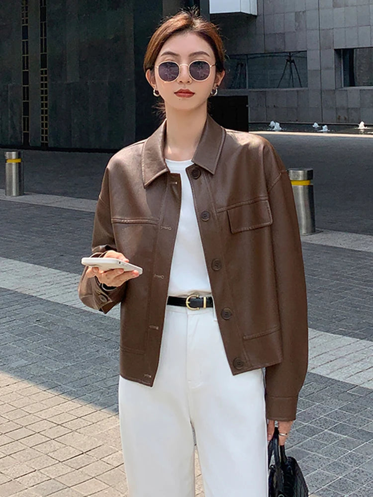 BXOXO Winter Black Cropped Leather Jacket Women Autumn Korean High Street Biker Jacket Female Vintage Outerwear Thin PU Chic Tops