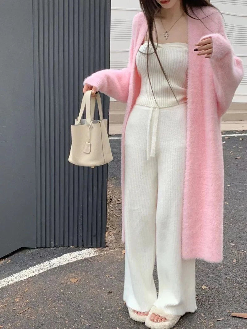Bxoxo New Imitation Mink Coat Slimming Autumn And Winter Loose Fitting Long Sweater Thickened Lazy Knitted Cardigan Jacket White