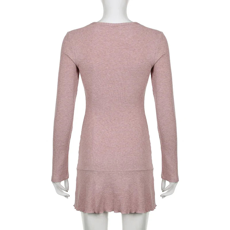 BXOXO Korean Square Neck Pink Autumn Dress Women Sweet Fold Coquette Clothes Slim Basic Knit Mini Dress Elegant Stylish New