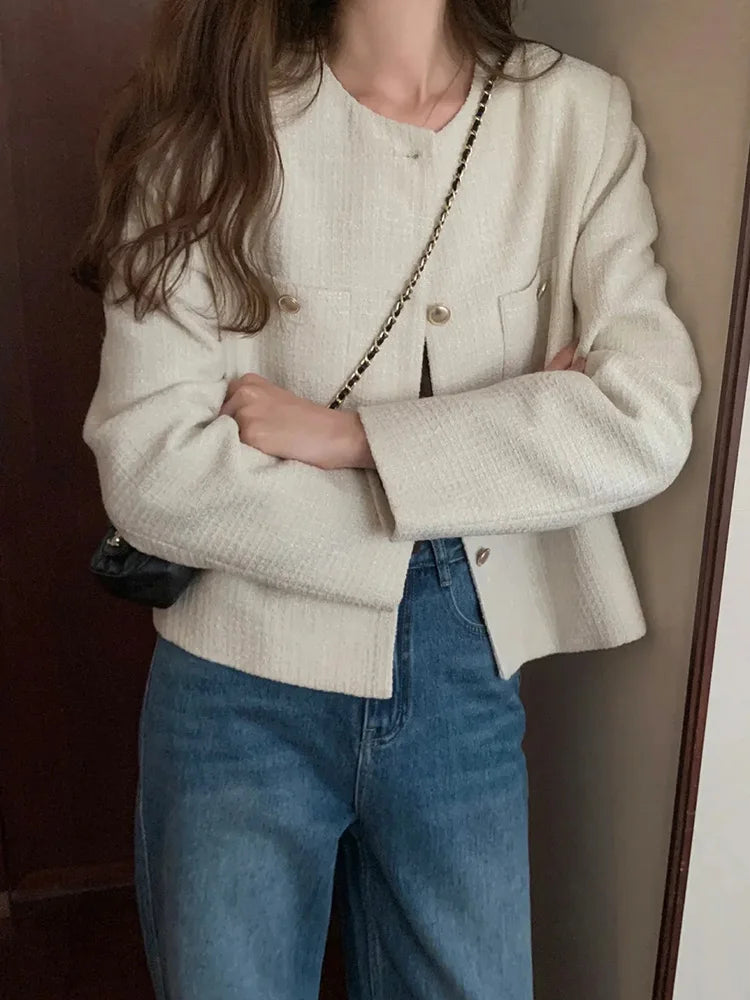 Bxoxo Elegant Chic Tweed Jacket Women O Neck Slim Long Sleeve Fashion Short Coats Casual French Sweet Small Fragrance Outwear Lady New