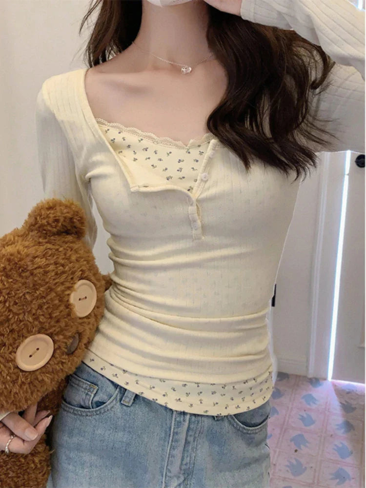 BXOXO FALL OUTFIT T-shirts Women Floral Fake Two Pieces Korean Fashionable Designed All-match Hotsweet Y2k Tops High Street Basic Clothes Fairy