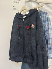 Bxoxo Apple Embroidered Hooded Coats Y2K Fashion Streetwear Loose Zipper Jacket Autumn Star Decorate All Match Sweatshirt Outwear New