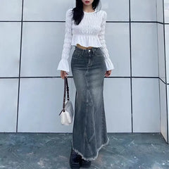 BXOXO Autumn Retro Classic All-Match Skirt Women Casual Commuter Outing Tight Sexy Irregular Long Denim Vitality Skirt Girl Cool