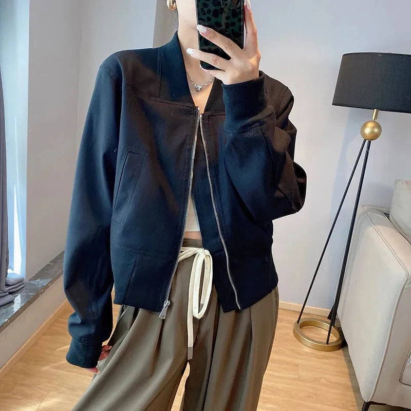 Bxoxo Streetwear Crop Jacket for Women Y2K Autumn Loose Long Sleeve Zipper Baseball Uniform Coat Korean Fashion All Match Outerwears