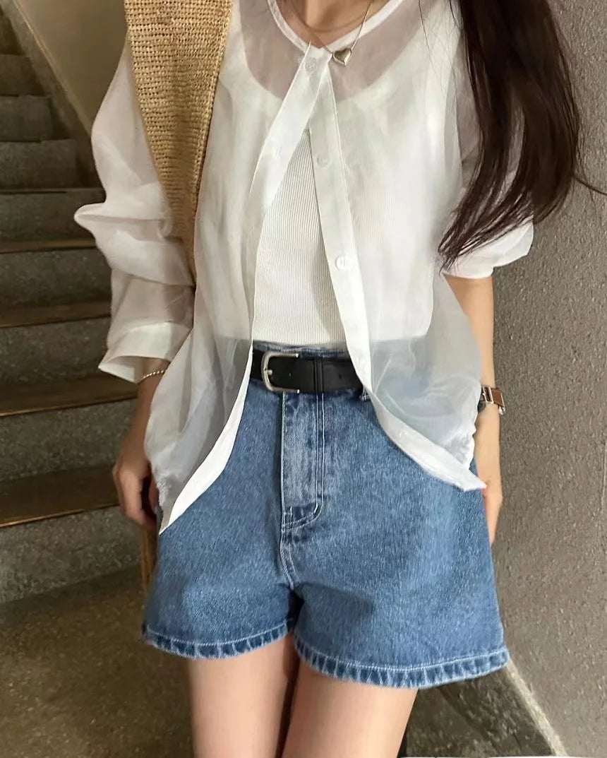 Bxoxo Blue Lightweight Long Sve irt Jaet Women's Ultra-Thin Summer Outerwear Single Button Design Waist-Cinching Sun Protect...