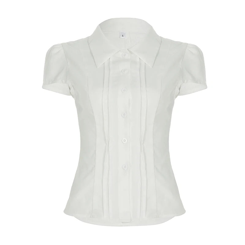 BXOXO White Short Sleeve Transparent Blouse for Women y2k Streetwear Button-up Slim-fitting T-shirts Vintage 2000s Tees Summer