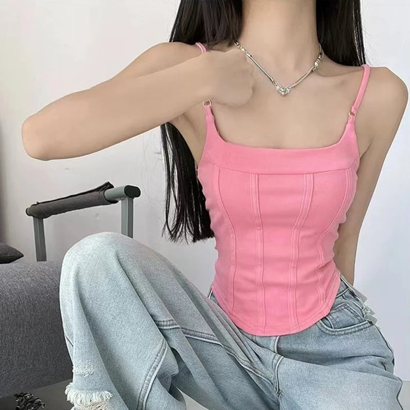 Bxoxo Sexy Spaghetti Straps Cotton Vest Women Summer Korean Solid Slim Sleeveless Camis Y2K Fashion Patchwork Female Crop Tops