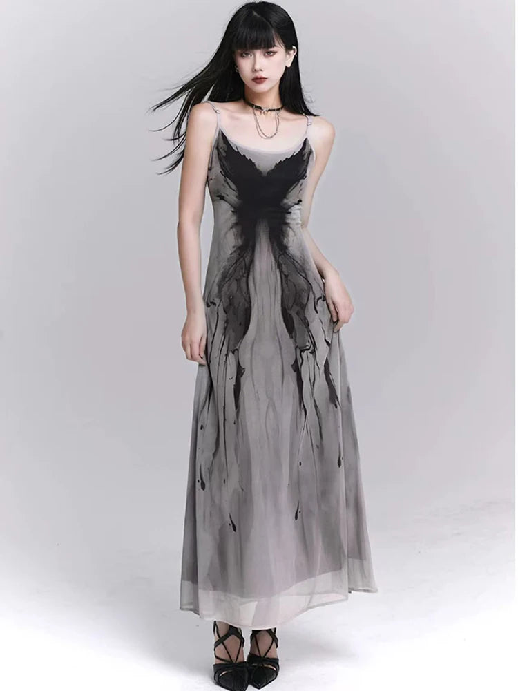 Bxoxo Retro Ink Butterfly Tie Dye Camis Dress Women Summer Slim Sleeveless Midi Dress Y2K Korean Sweet Mesh Spaghetti Straps Vestidos